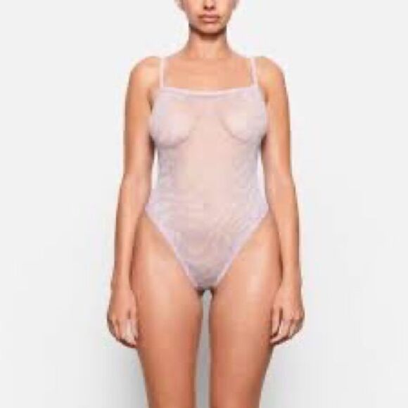 SKIMS Lavender Swirl Mesh Logo Strappy Thong Bodysuit, NWT - Picture 1 of 9
